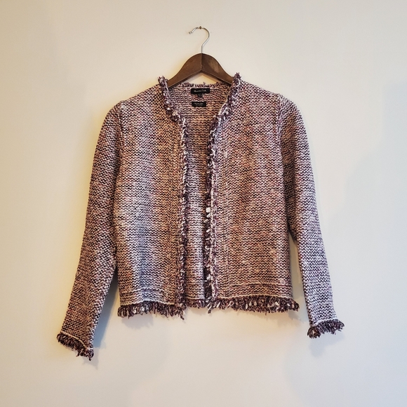 MASSIMO DUTTI |  Purple Tweed Frayed Hem Open Italian Yarn Blazer (Size S) - Picture 3 of 14